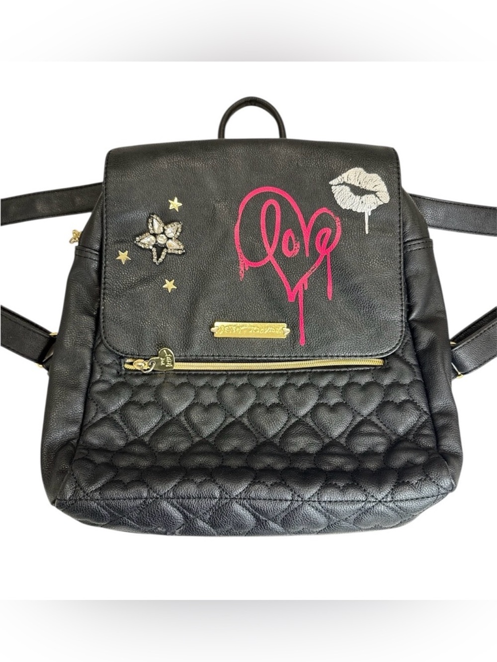 Betsy Johnson Black Quilted Backpack Heart Graffiti Studded Floral Lining